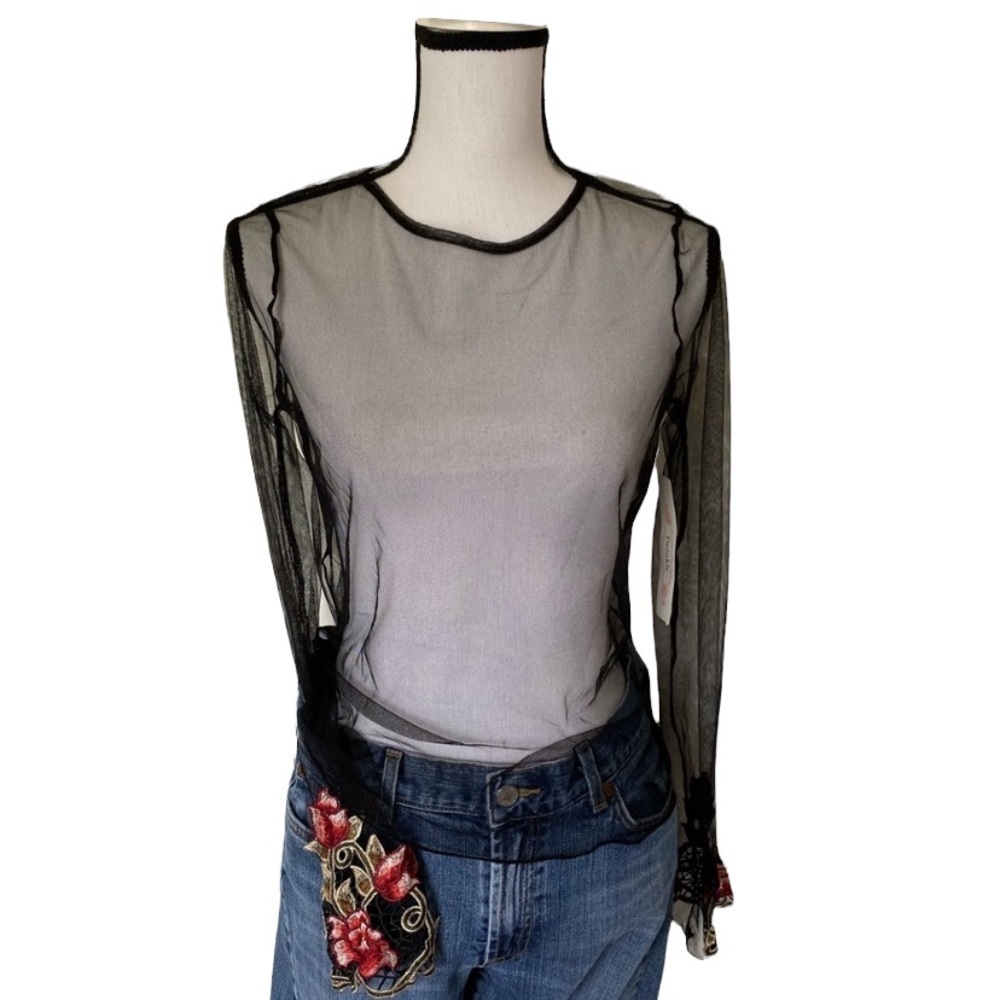Twinkle Black Sheer Top with Rose Appliqués Size M